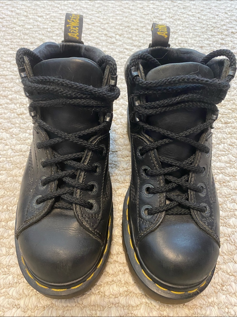 Dr. Martens Kids Black Leather Lace-Up Boots with Yellow Welt Stitching